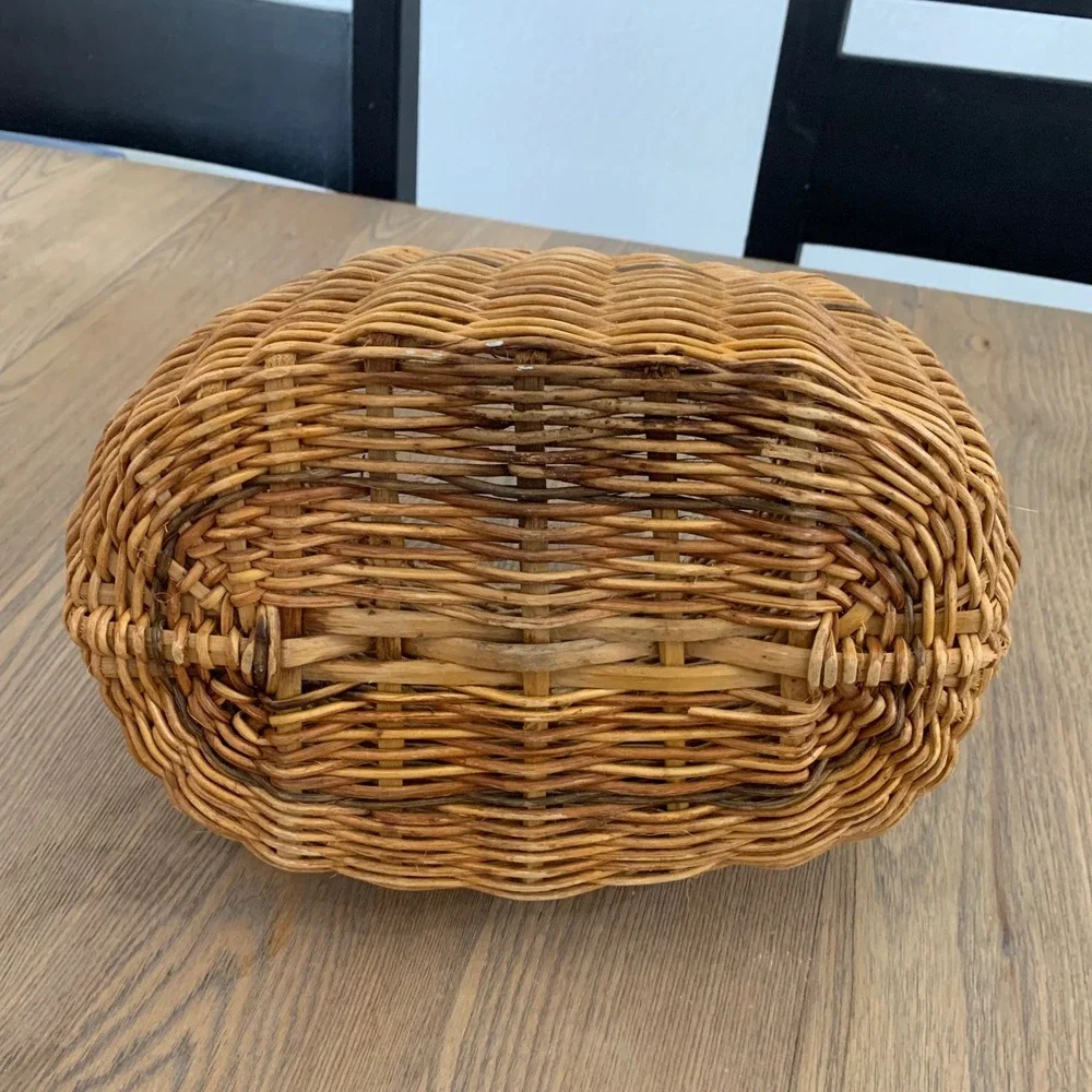Vintage Hand Woven Wicker Basket with High Arch Handle Natural Brown Oval Rustic